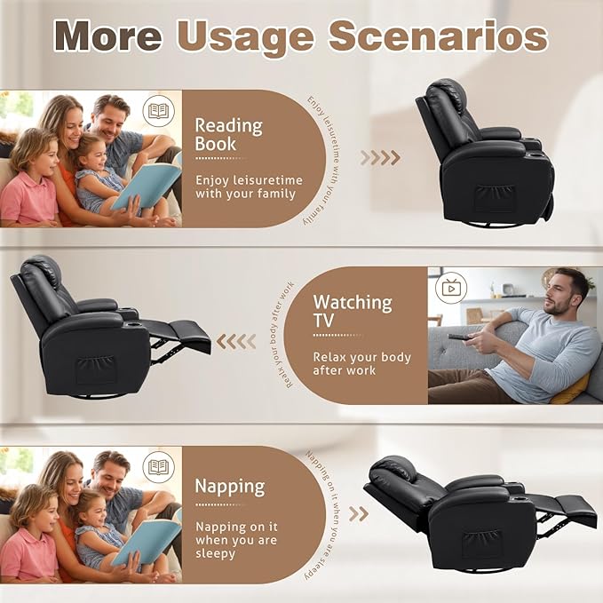 Recliner Chair 360° Swivel Rocker Chair for Adults Rocking Recliner Chair with Massage Comfy Single Sofa with Side Pockets Cup Holders for Living Room Bedroom Nursery (Leather Black)