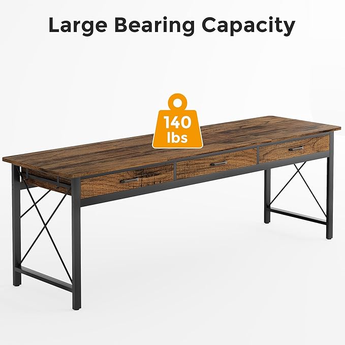 78.7 inch Extra Long Computer Desk with 3 Drawers Two Person Office Desk Double Desk with Hooks Industrial Writing Study Table Workstation for Home Office Vintage Brown