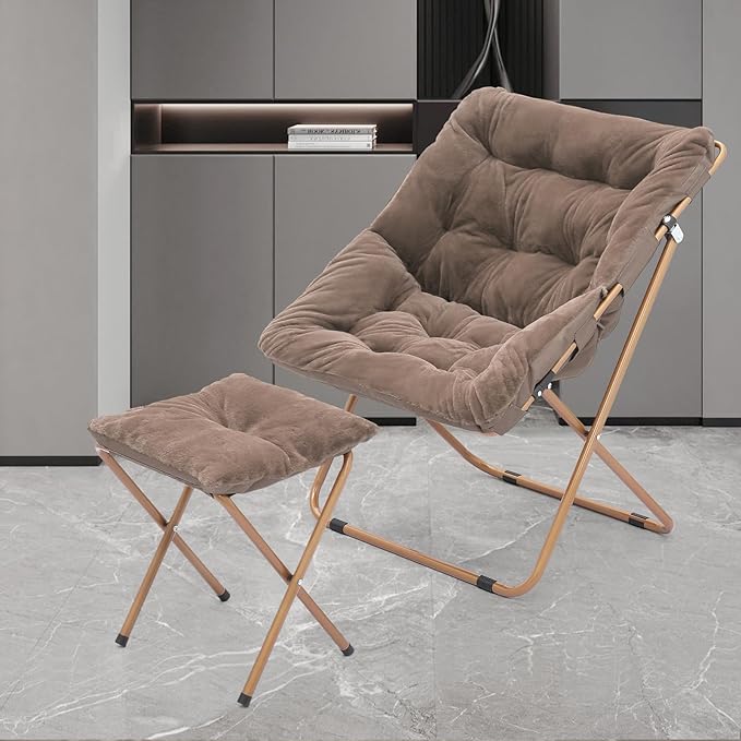 Athena Collection Comfy Saucer Chair and Ottoman Set for Adult Comfortable Faux Fur Square Oversize Folding Reading Chair with Metal Leg Lazy and Cozy for Bedroom Living Room Beige