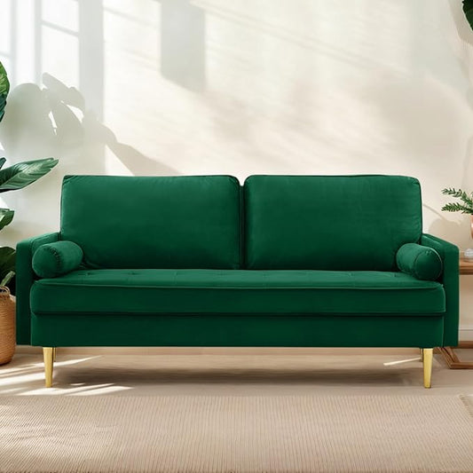 65 Love Seat Sofa Velvet Small Sofa Small Couch for Bedroom Living Room Bedroom Loveseat with 2 Pillows Gold Legs Modern Tufted Seat Upholstered Seating for Office Apartment (Green)