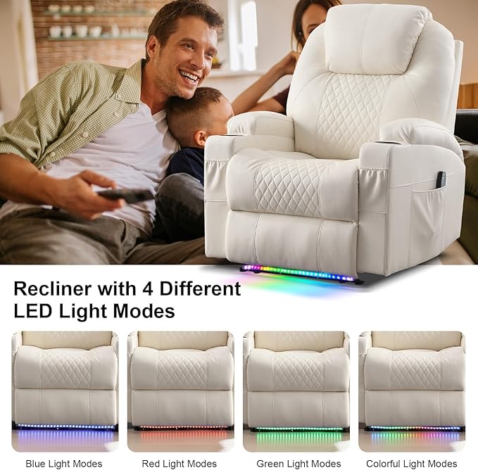 AHMED Power Recliner Chair with Vibration Massage &amp Heat for Adults Faux Leather Home Theater Seating with Cup Holders/LED Lights/USB Ports/Side Pockets for Living Room Beige