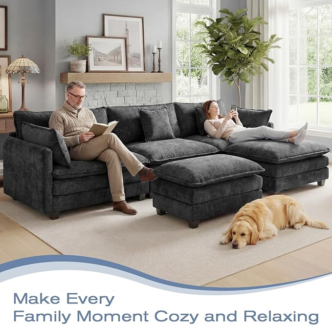113.4 L-Shaped Modular Sectional Sofa with Ottoman Comfy Cloud Couch with Deep Seat (23.6 D) Solid Wood FrameBeige/Gray/Blue/Black for Living Room Small Apartment (Black 3 Seat)