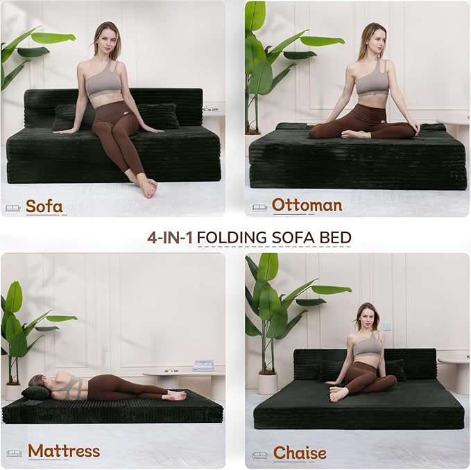 Folding Sofa Bed Queen Size Convertible Sleeper Chair Loveseat with Pillow Futon Chair Sofa Bed Fold Out Floor Couch Foldable Mattress for Living Bedroom Guest Room Dorm Charcoal Moss Grey