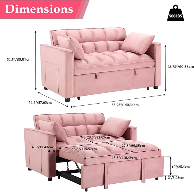 EBELLO 3 in 1 Convertible Sleeper Sofa Bed Modern Velvet Loveseat Couch Pullout Bed for Living Room Small Love Seat Lounge Sofa with Reclining Backrest Pillows and Side Storage Pocket Pink