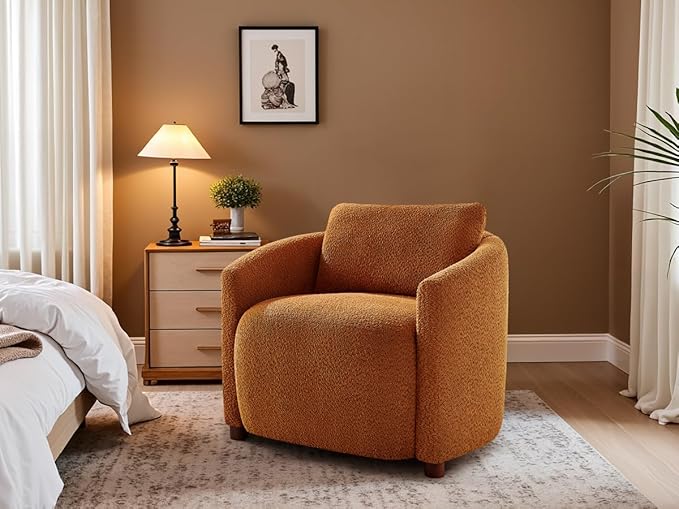 Boucle Accent Barrel Chair Cloud Reading Chair for Living Room &amp Bedroom Furry Sherpa Armchair with Cozy Soft Throw Pillow Back Comfy Upholstered Lounge Chair Modern Single Sofa Chair
