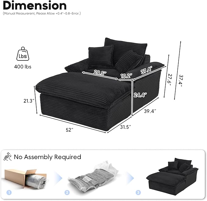 Oversized Chaise Lounge Chair Boneless Sofa Couch Upholstered Lounge Sofa Chair with Ottoman Indoor Corduroy Deep Seat Sleeper Chair for Living Room No Assembly Required Black