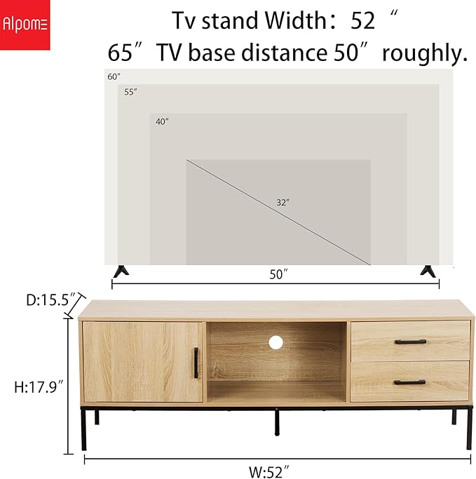 TV Stand for 55/60 Inch TV Modern Wood Entertainment Center with Storage 52 Media Console Table with 2 Drawers &amp Door Cabinet Television Stands for Living Room &amp Bedroom(Burlywood)