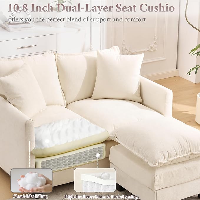 50 Loveseat Sofa with Ottoman| Chenille L Shape Love Seat Couch with 2 Pillows | 27.16 Deep Seat for Small Spaces Bedroom Dorm Apartment | Beige
