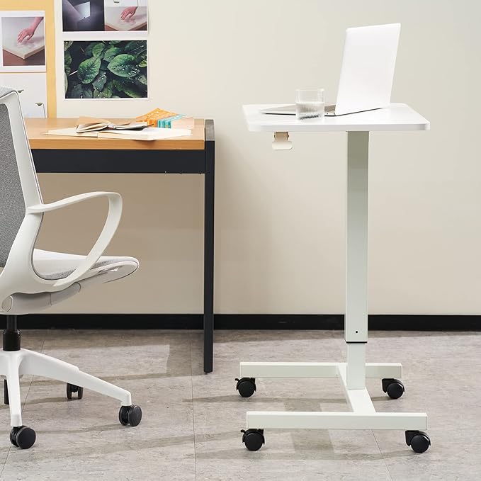 CLATINA Mobile Laptop Standing Desk Pneumatic Stand Table Rolling Adjustable Height Overbed Bedside Table with Lockable Wheels for Home Hospital Office Computer Workstation 28 x 19 Round Edge White