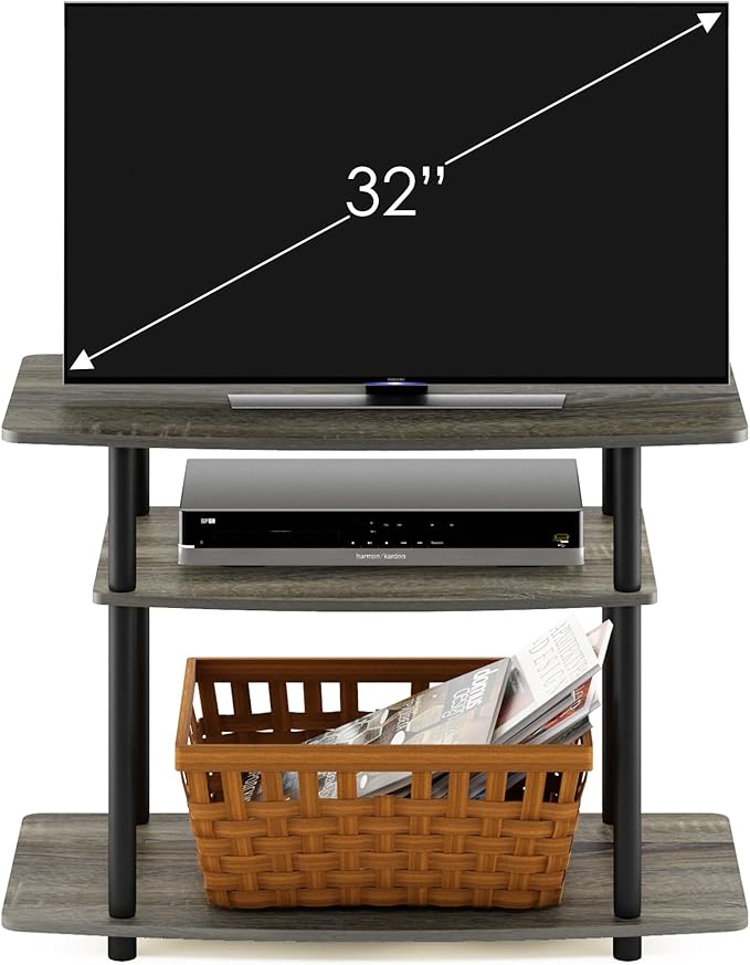 Furinno Turn-N-Tube No Tools 3-Tier Entertainment Center TV Stand for TV up to 32 Inch Plastic Round Tubes French Oak Grey/Black