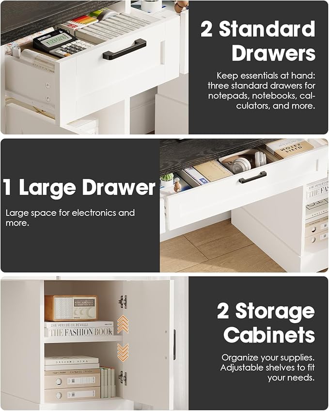 HOPUBUY Farmhouse Executive Desk with File DrawersWood Home Office Desk w/Charging StationAdjustable Storage CabinetsWhite Computer Writing Desk for WorkStudy