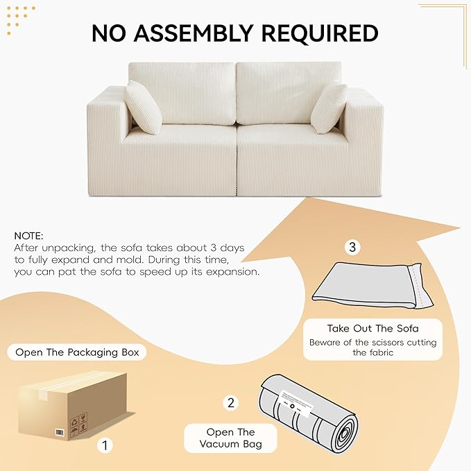83'' Boneless Loveseat Sofa Comfy Deep Seat Sectional Cloud Couch No Assembly Corduroy Love Seat for Living Room Beige