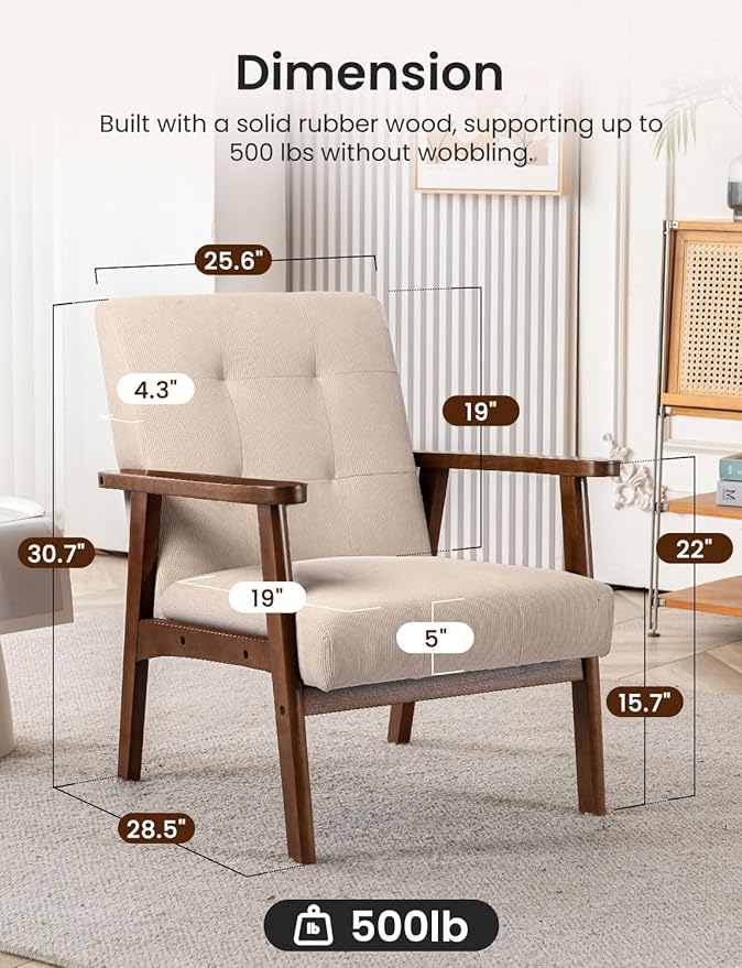 Mid Century Modern Accent Chairs for Living Room Comfy Bedroom Chairs for AdultsSmall Wide Reading Nook Arm Chair 105° Ergonomic Cozy Khaki Corduroy Armchair with Rubber Wood