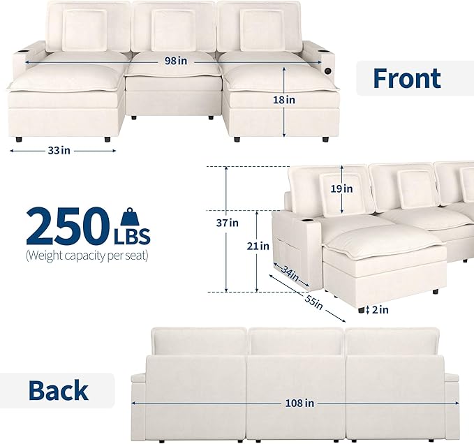 GarveeHome Sectional Couches 108 in Cloud Modular Sectional Sofa U-Shaped Chenille Deep Seat Sofa with Storage Armrests and Charging Ports Movable Ottoman and Cup Holder Included Beige