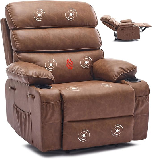 PU Leather Recliner Chair with Heat &amp 8-Point Massage Extra Wide Manual Recliner for Adults q235 Steel Frame Side Pockets 1.5X Comfort Arm &amp Back Lazy Boy Sofa for Living Room or Bedroom