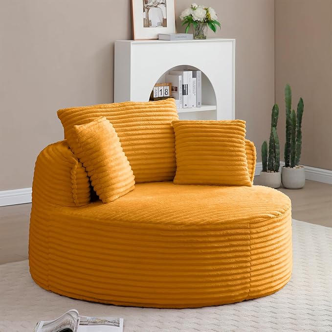 53'' Oversized Round Chaise Longue Chair Upholstered Corduroy Single Cloud Circle Sofa Chair Comfy Deep Seat Boneless Couch Bed No Assembly Required for Living Room Bedroom Apartment Yellow