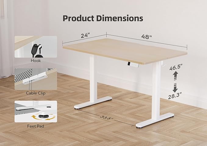 YDN Electric Standing Desk Adjustable Height 48 x 24 Inches Stand up Desk with Cable Management Home Office Desks with Splice Board &amp White Frame Nature Top