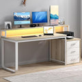 67'' Home Office Desk with Drawers Computer Desk with Drawers and LED Lights Long Desk with Moniter Stand White and Walnut