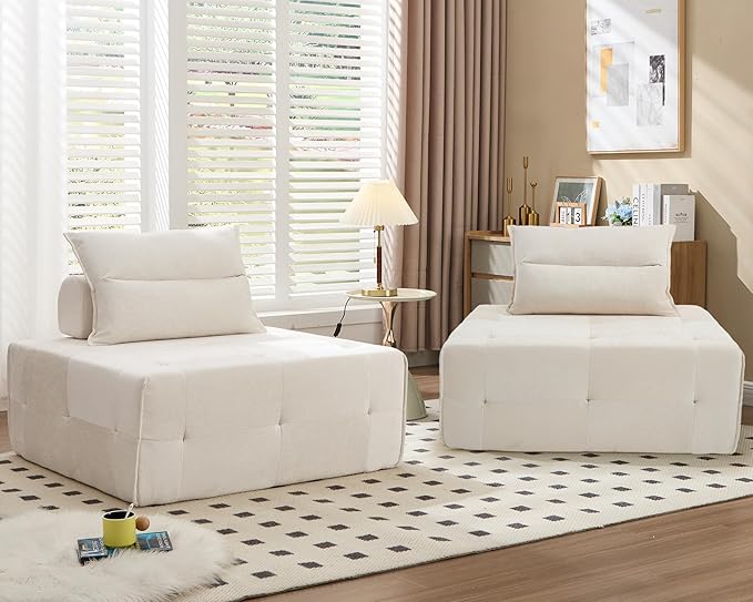 Modular Sectional Sofa with Deep Seat &amp Adjustable Backrest 39.37 Chenille Compressed Couch Sofa Couch for Living Room Bedroom Lounge (2PCS Beige)