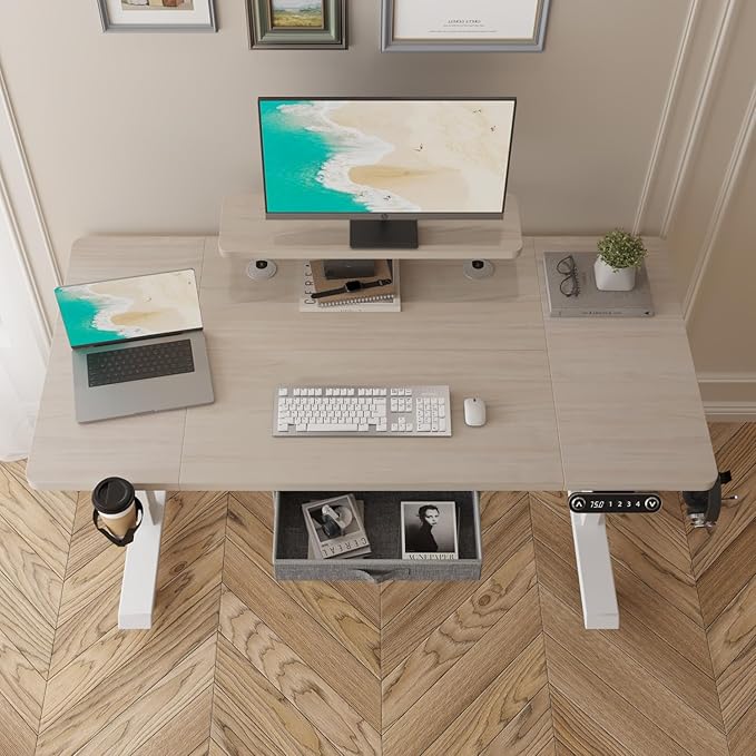 Height Adjustable Electric Standing Desk with One Drawer Table with Storage Shelf Sit &amp Stand Home Office Desk with Storage Space (Oak 55x30)