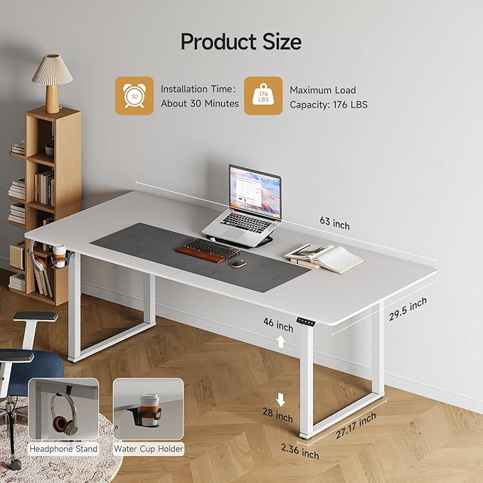 ONBRILL Standing Desk 63x30 Inches Rectangle Stand Up Desk with 4 Legs Dual Motor and Memory Controller Adjustable Height from 28-46 Inches for Home and Computer Workstation White