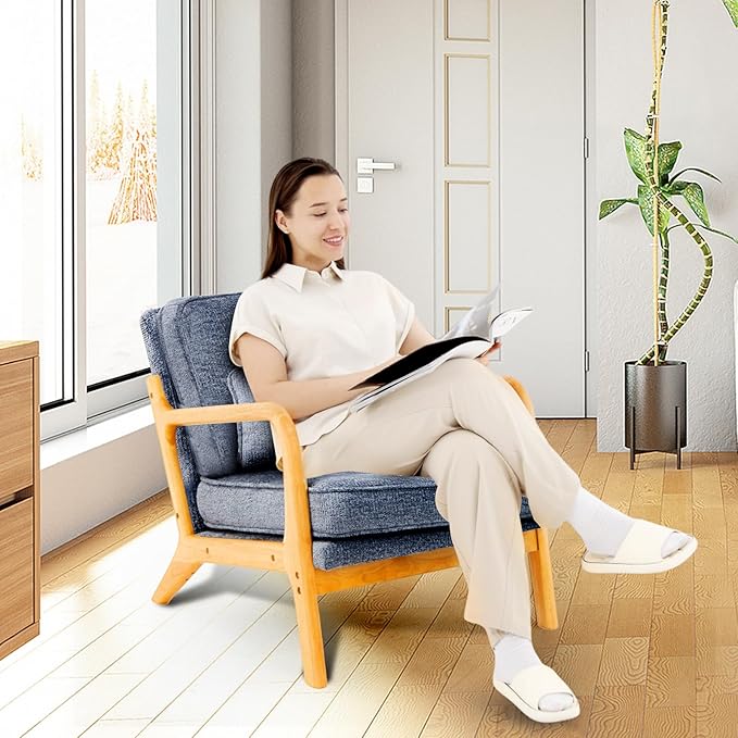 Mid-Century Accent Chair Set of 2 with Solid Wood Frame Reading Relaxing Armchair Lumbar Pillow&amp Soft Cushion Leisure Chair for Living Room Bedroom Waiting Room-Blue