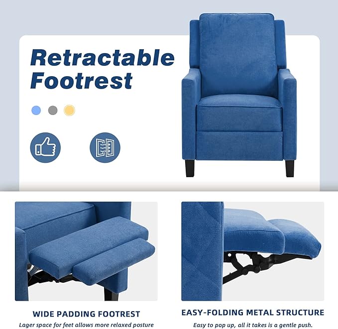 AVAWING Push Back Recliner Chair Wing Back Chairs with Arms Mid-Century Vintage Accent Chair for Living Room Polyester Blue
