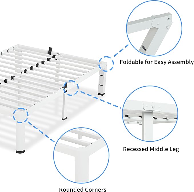 18 Inch King Size White Bed Frame 3500Lbs Heavy Duty Metal Platform with Round Corner Legs Mattress Slide Stopper Steel Slat Support No Box Spring Needed Noise Free Non-Slip Easy Assembly