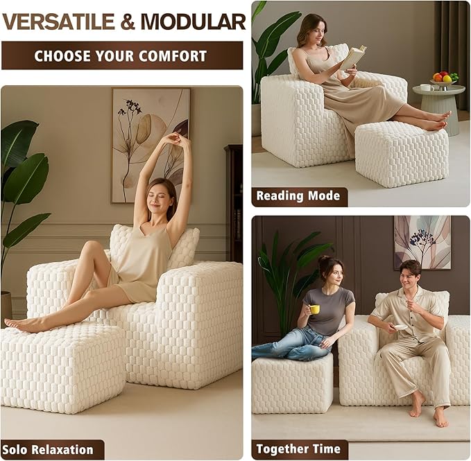 43 Boneless Couch Chair with Ottoman Comfy Lounge Sofa Couch with Pillow Corduroy Lounge Chair Single Upholstered Armchair Reading Chairs for Living Room Bedroom No Assembly Required White