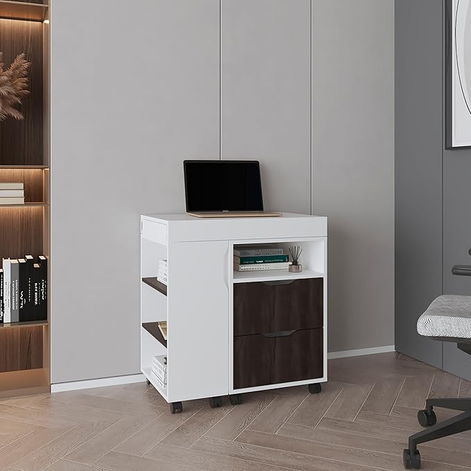 Tuhome San Diego 54 Expandable Desk with Two Drawers Seven Storage Shelves Rolling Caster Base Space-Saving Home Office Desk Retractable Workstation for Study Living Room or Small Spaces