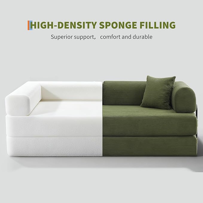 78'' Convertible Sleeper Sofa Bed4 in 1 Corduroy Boneless Couch with PillowsFolding Sectional Couch with Pull Out BedFloor Sofa Loveseat for Living RoomBedroomNo Assembly RequiredGreen
