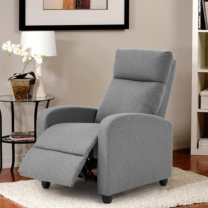 PayLessHere Recliner Chair Single Reclining Sofa Home Theater Seating with Lumbar Support and Padded Backrest for Living Room and Bedroom (Fabric Grey)