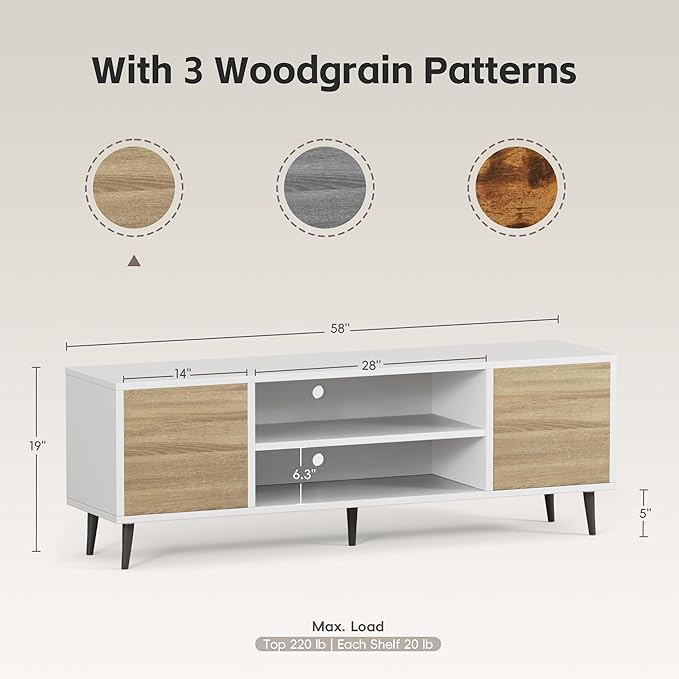 JUMMICO TV Stand for 65 Inch TV Mid Century Modern TV Stand Entertainment Center with Storage Cabinet and Open Shelves TV Console Table Media Cabinet for Living Room and Bedroom (White)