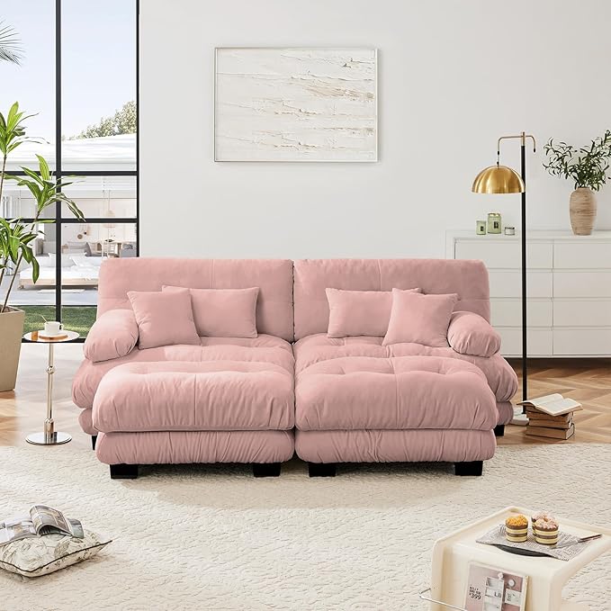 94.4 Loveseat Sofa 2 Seater Modular Sectional Sofa Pink Large U Shaped Sectional Couches Fluffy Chenille Cloud Couch with Ottoman Deep Seat for Living Room