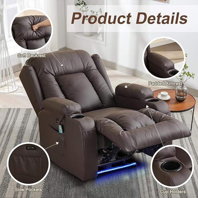 Power Recliner Chair PU Leather Home Theater Seating Chair for Adults with Massage &amp Heat Comfy Single Reclining Sofa Chair for Living Room with USB Port/Led Light/Cup Holder (Brown)