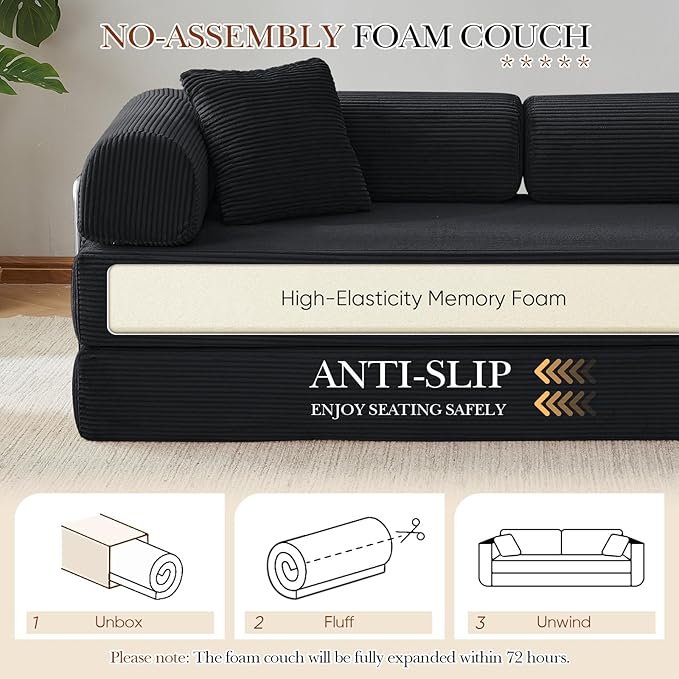 Antetek Modular Couch Bed Convertible Folding Plush Corduroy Comfy Floor Compression Loveseat Sleeper Sofa Couch King Size Bed for Guest Room Living Room Bedroom No Assembly Required Dark Black