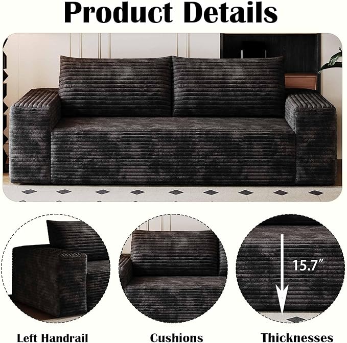 71 Corduroy Couch in a Box Cloud Loveseat Sofa with 2 Cushions Boneless Couches for Living Room Bedroom Small Space Compressed Deep Seat Memory Foam No Assembly (Black 71)