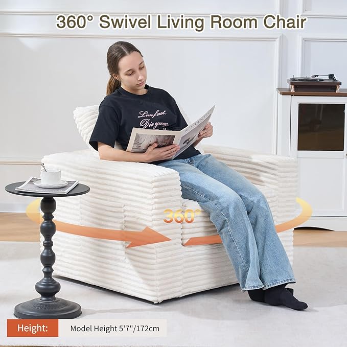 EROMMY 37.4 Boneless Swivel Accent ChairOversized Detachable Seat Swivel Chair for Living Room and Bedroom Modern Corduroy Upholstered Accent Armchair Beige