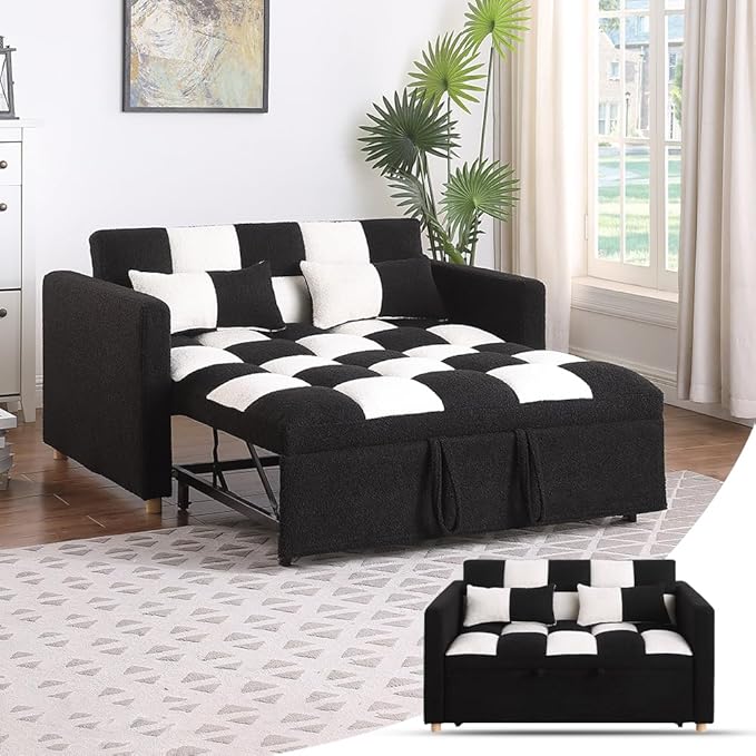 Loveseat Sleeper Sofa- Convertible Sofa Bed3 in 1 Pull Out Couch with Adjustable BackrestMulti-Functiona Lounge Chair with Teddy Fabric for Living RoomSmall Space (Black White)