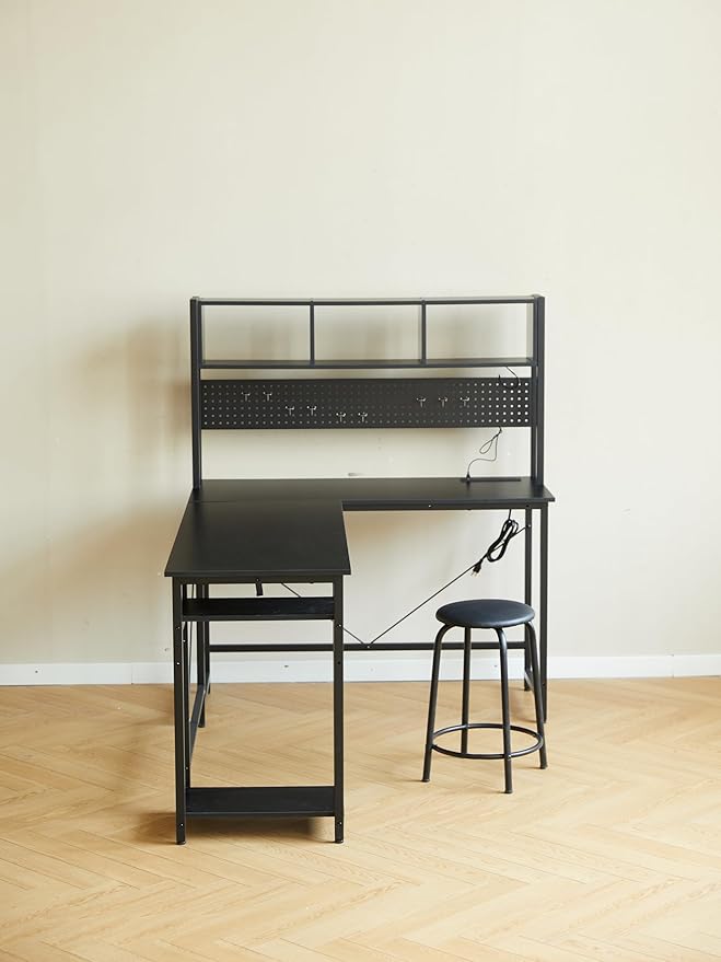 94.5 Inch Home Office Desk L Shape Gaming Desk with LED Storage Shelves Metal Pannel and Stool (Black)