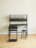 94.5 Inch Home Office Desk L Shape Gaming Desk with LED Storage Shelves Metal Pannel and Stool (Black)