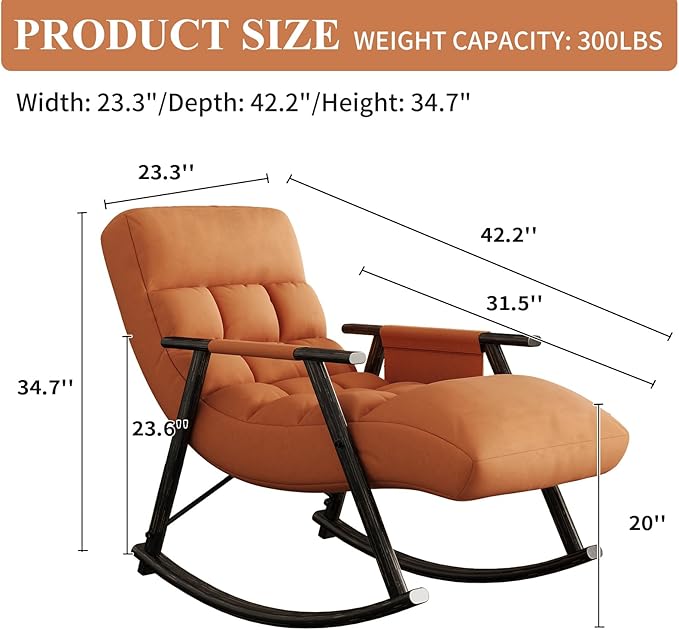 NIOIIKIT Nursery Rocking Chair Velvet Upholstered Rocker Chair with Adjustable Back&ampFootrest Reclining Glider Chair with Side Pocket Tufted Glider Rocker Armchair for Living Room (Orange Velve