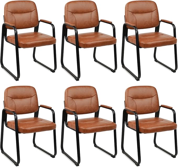 CLATINA Leather Office Guest Waiting Room Chair with Sled Base Reception Chair No Wheels with Armrests and Lumber Support Stationary Desk Armchair for Meeting Conference Lobby Shool Brown 6 PK