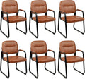 CLATINA Leather Office Guest Waiting Room Chair with Sled Base Reception Chair No Wheels with Armrests and Lumber Support Stationary Desk Armchair for Meeting Conference Lobby Shool Brown 6 PK