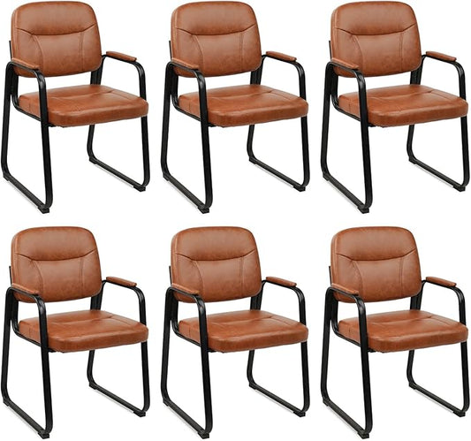 CLATINA Leather Office Guest Waiting Room Chair with Sled Base Reception Chair No Wheels with Armrests and Lumber Support Stationary Desk Armchair for Meeting Conference Lobby Shool Brown 6 PK