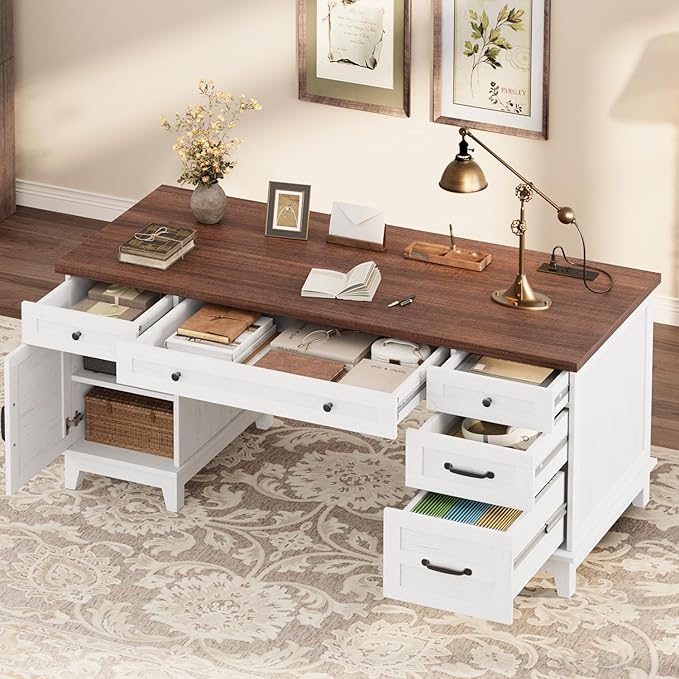 60 Inch Farmhouse Computer Desk with Charging Station &amp File Cabinet Wooden Office Desk with Power Outlets USB Ports and Ample Storage Drawers for Home Workspace Executive Writing Table.