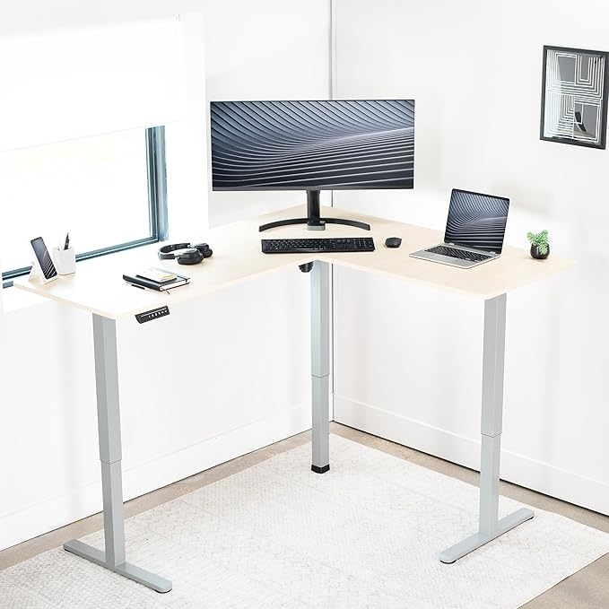 VIVO Corner Standing Desk 63 x 55 inch Reversible L-Shaped Workstation Electric Height Adjustment Home Office and Reception Rooms Light Wood Table Top Gray Frame DESK-E3CTGC