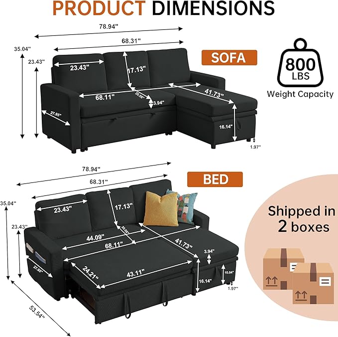 79 Sleeper Sofa Bed Convertible Sofa Pull Out Couch with Storage | Reversible Chaise | L Shaped | Layered Storage | 3-Seater Comfy Sectional Couch Pullout Bed for Living Room Black