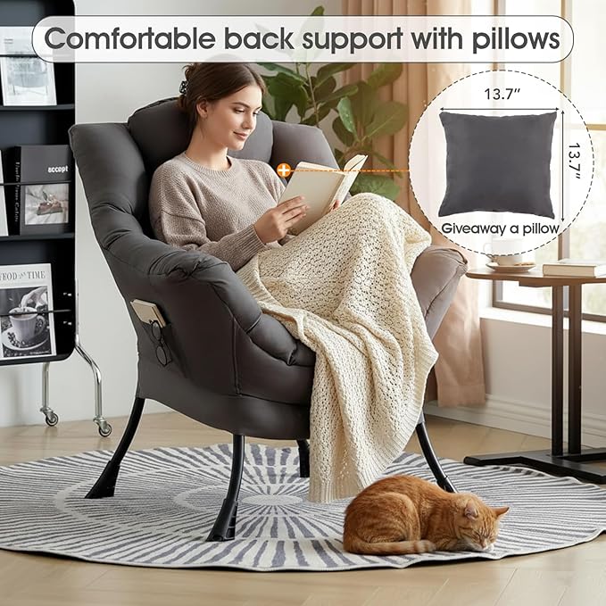 Lazy Chair for Living Room Large Dark Grey Accent Chair with a Throw Pillow Leisure Sofa Chair Set Comfy Reading Chair for Bedroom Dorm Room Office