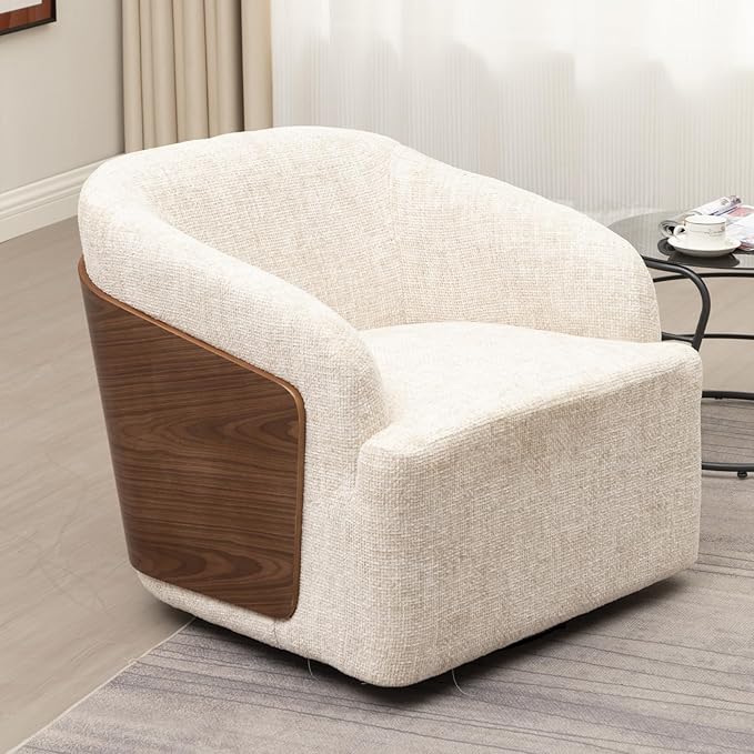 Swivel Accent Chair Linen Swivel Barrel Chair Comfortable Mid Century Modern Chair Upholstered Metal Base Armchair for Living Room Bedroom Office Large Vintage White